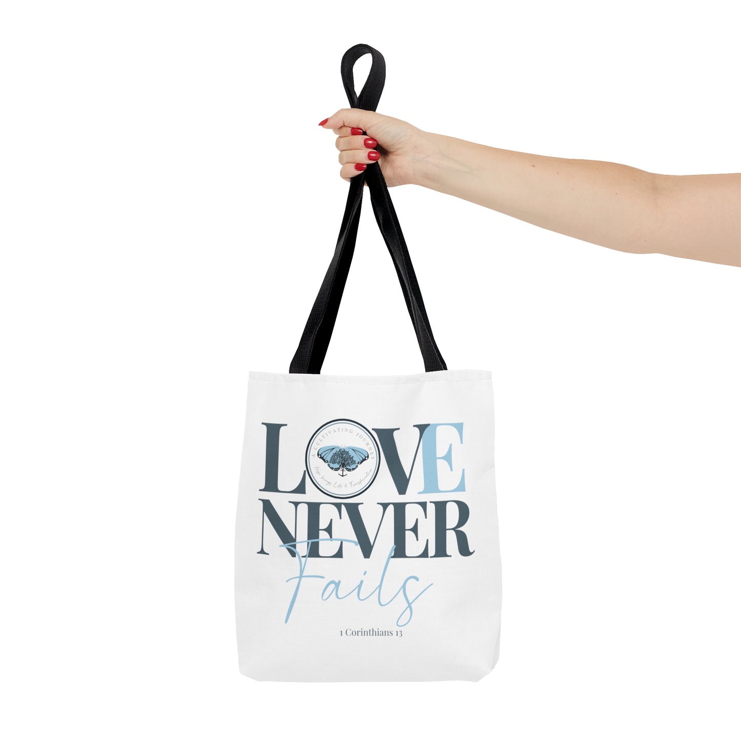 A Cultivating Journey Tote Bag ~ Love Never Fails ~ Inspirational gifts ~ Motivational gifts ~ Christian gifts