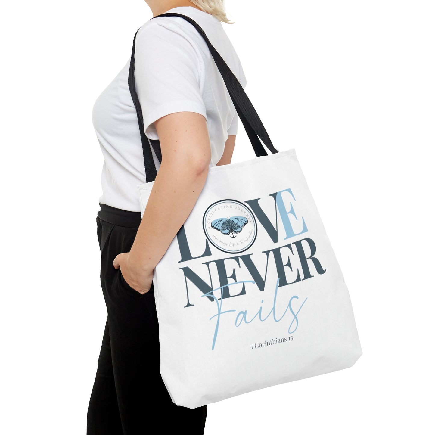 A Cultivating Journey Tote Bag ~ Love Never Fails ~ Inspirational gifts ~ Motivational gifts ~ Christian gifts