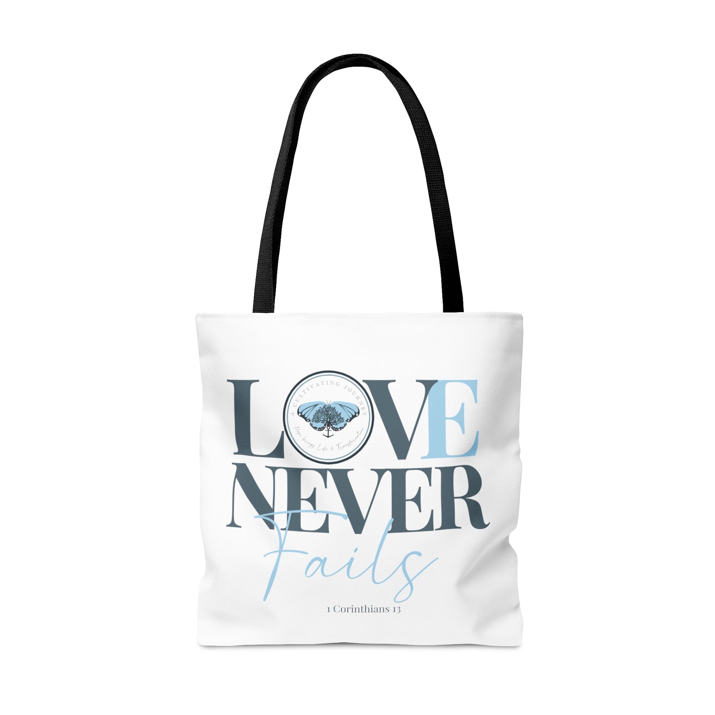 A Cultivating Journey Tote Bag ~ Love Never Fails ~ Inspirational gifts ~ Motivational gifts ~ Christian gifts