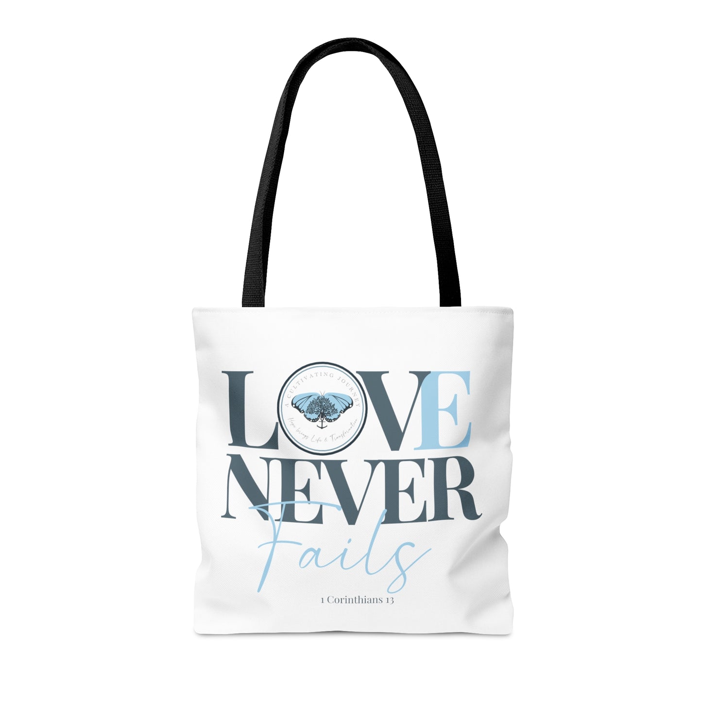A Cultivating Journey Tote Bag ~ Love Never Fails ~ Inspirational gifts ~ Motivational gifts ~ Christian gifts