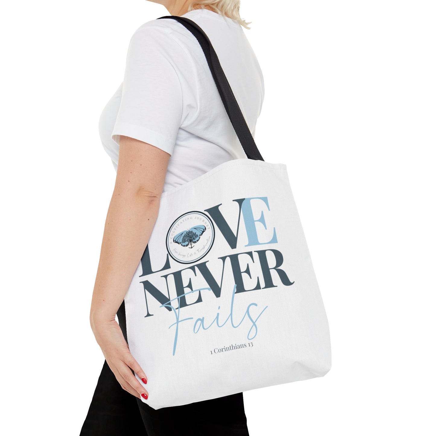 A Cultivating Journey Tote Bag ~ Love Never Fails ~ Inspirational gifts ~ Motivational gifts ~ Christian gifts