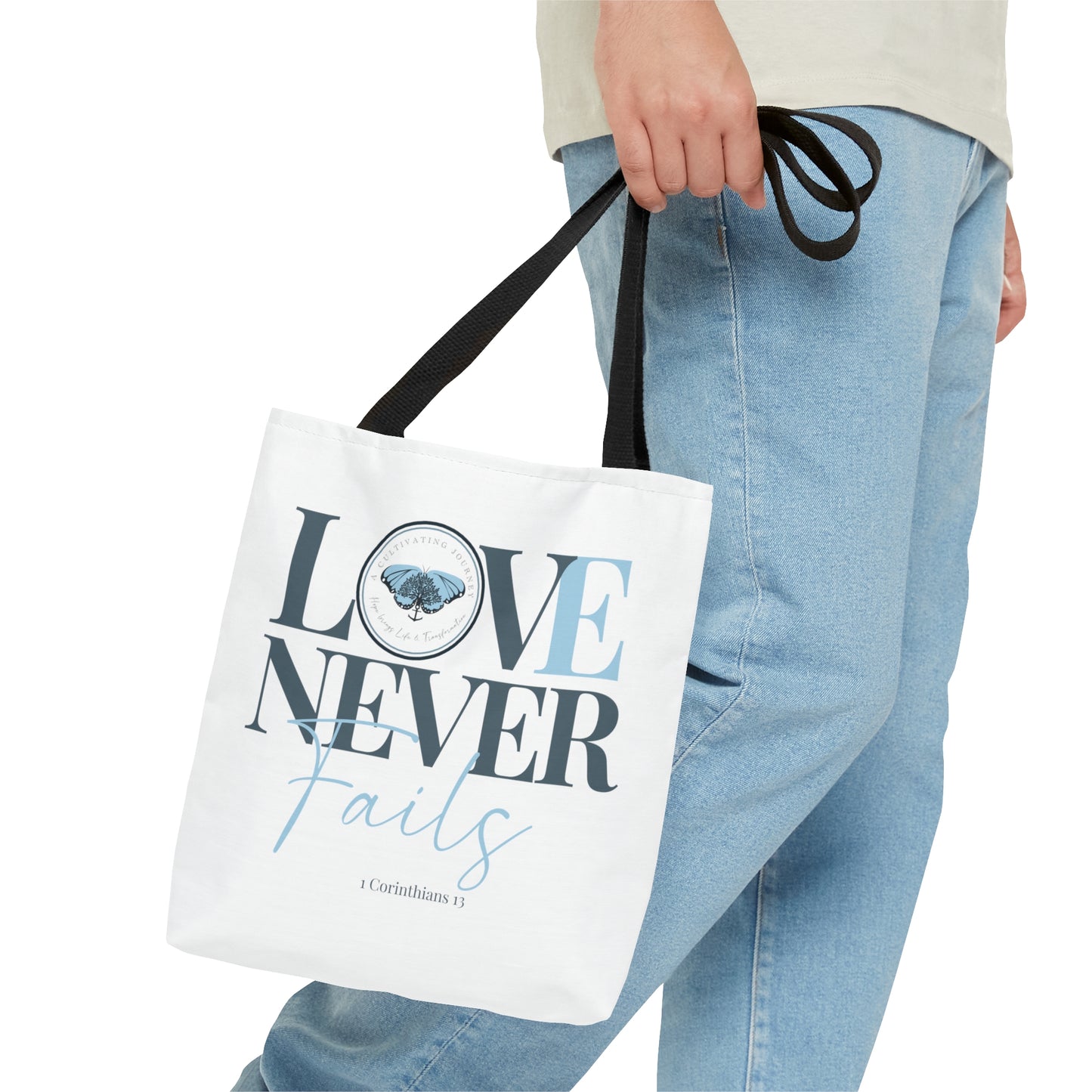 A Cultivating Journey Tote Bag ~ Love Never Fails ~ Inspirational gifts ~ Motivational gifts ~ Christian gifts