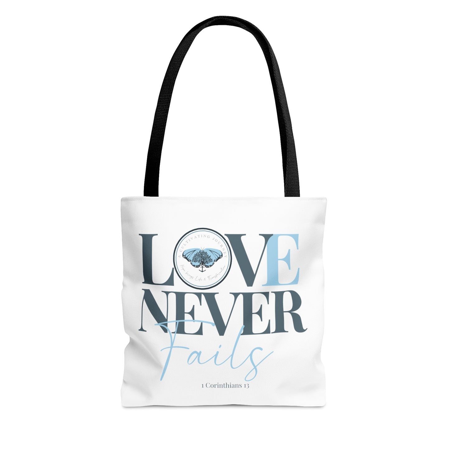 A Cultivating Journey Tote Bag ~ Love Never Fails ~ Inspirational gifts ~ Motivational gifts ~ Christian gifts