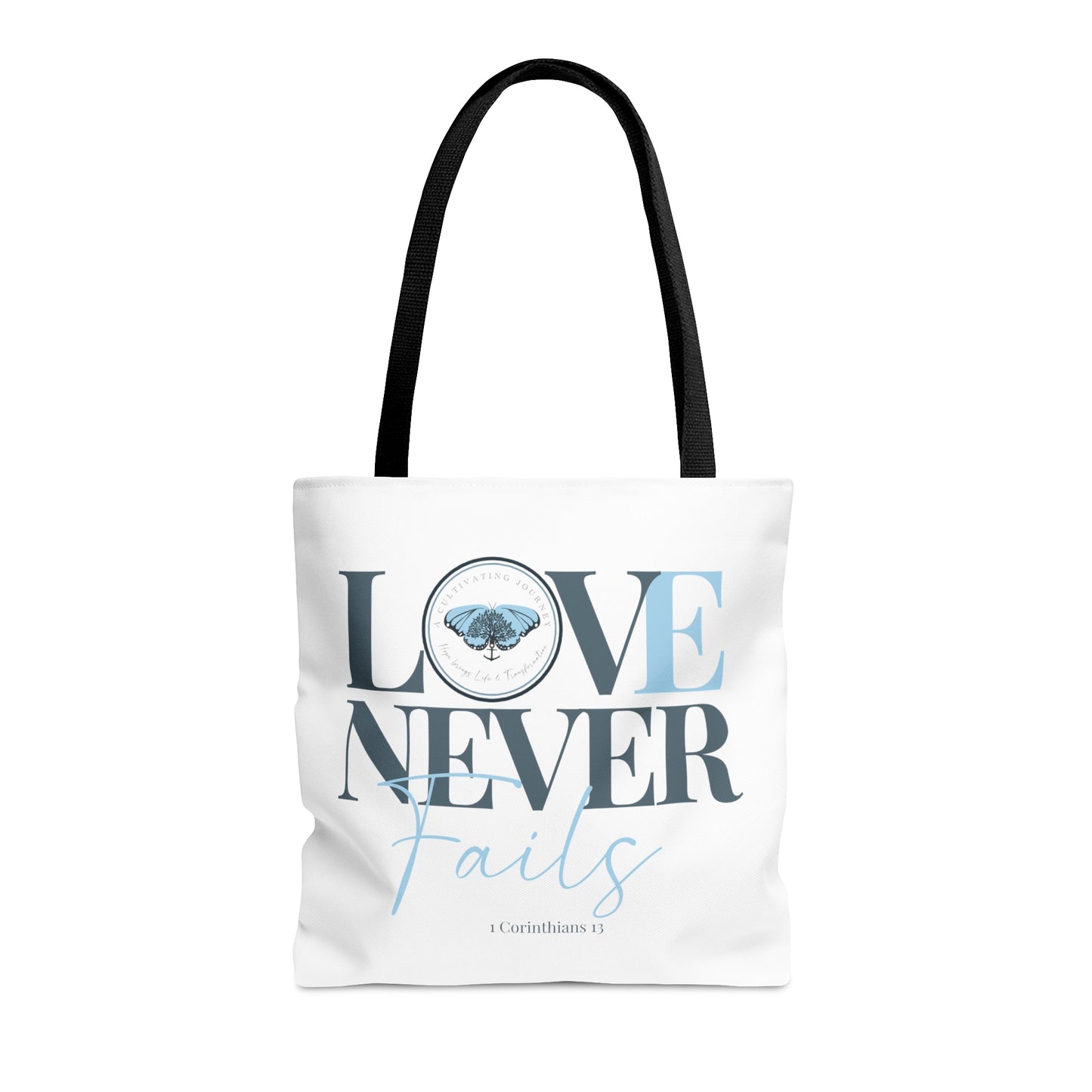 A Cultivating Journey Tote Bag ~ Love Never Fails ~ Inspirational gifts ~ Motivational gifts ~ Christian gifts